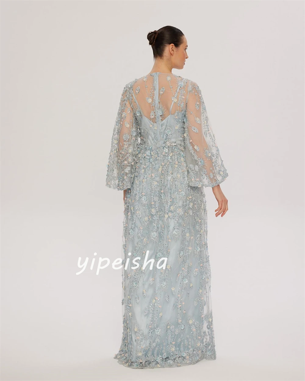 Lace Sequined Flower Beading Ruched Birthday A-line High Collar Bespoke Occasion Gown Long Dresses