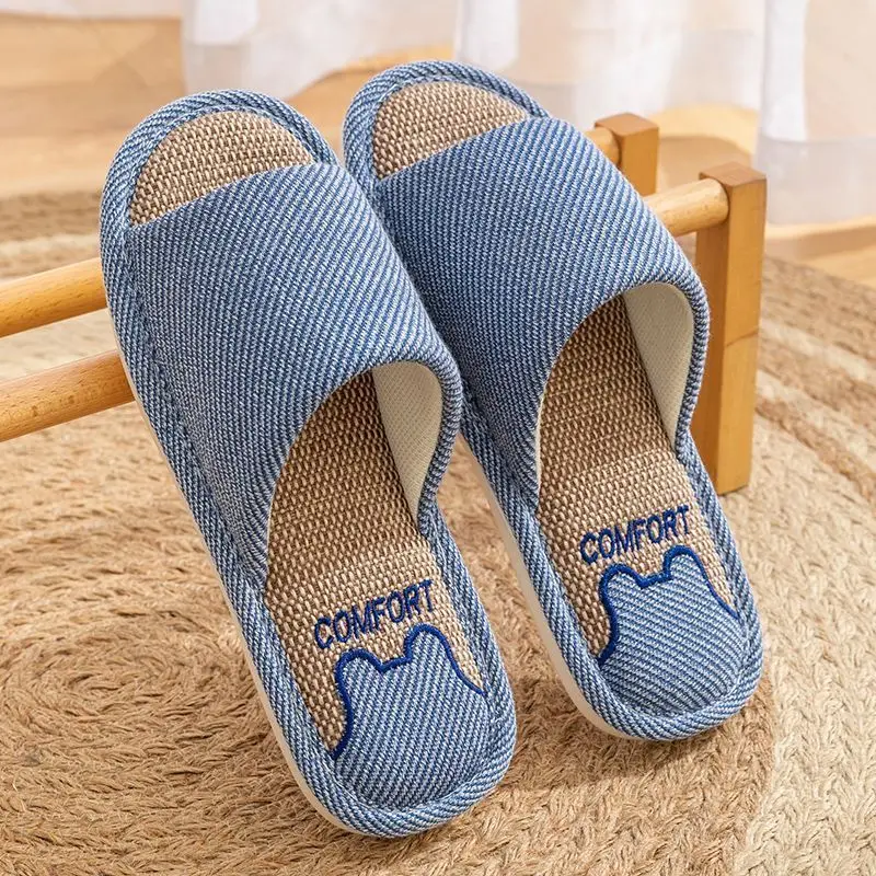 Women Linen Slippers Four Seasons Women Indoor Sandals Adults Cartoon Slides Couples Open toed Breathable Home Shoes image 6