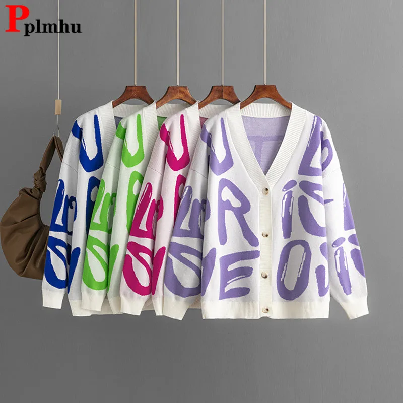 

Letter Print Sweater Knitted Cardigan Tops Korean Design Knitwear Single Breasted Sueter Coats Women Long Sleeve Malhas Abrigos