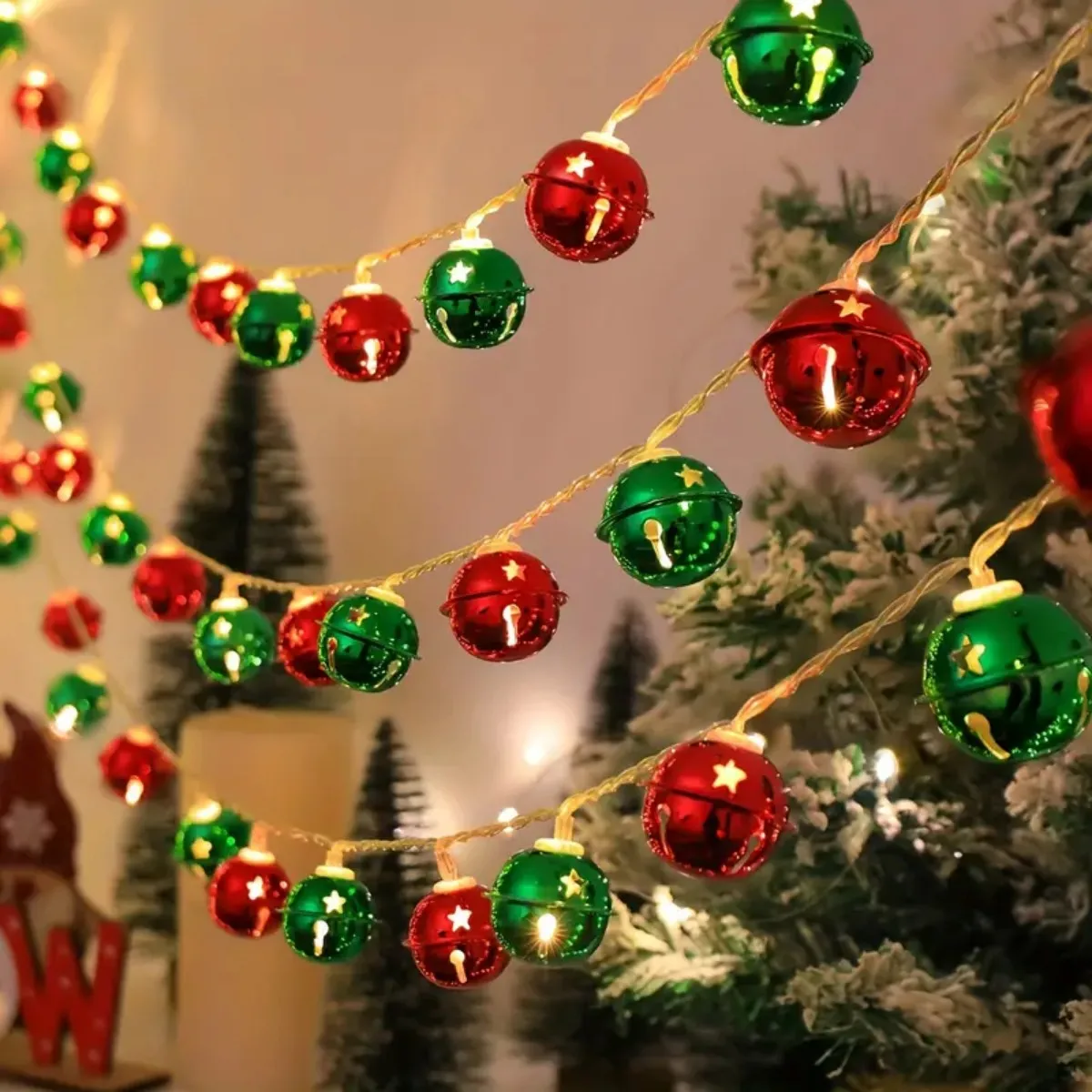1pc Christmas Red Green Bells String Lights Hanging Garland Decorative Lamp Battery Powered For Home Bedroom Fireplace Decor
