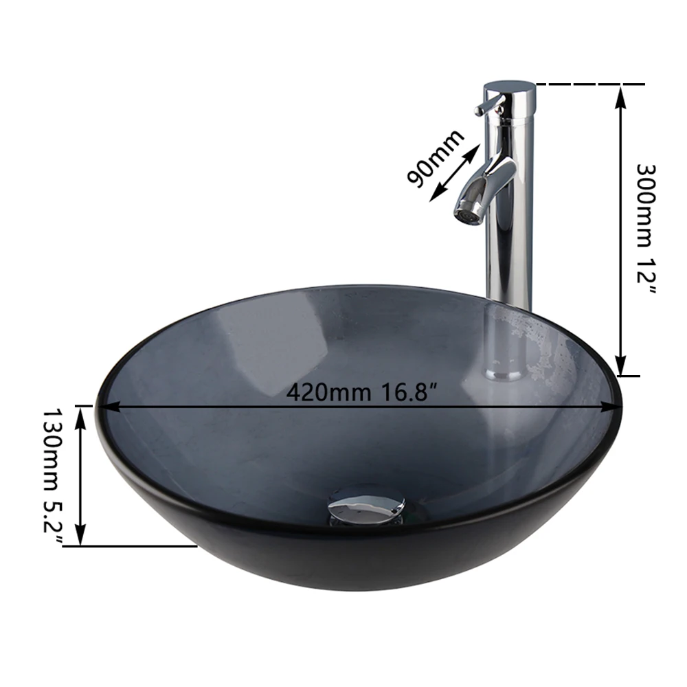 YANSKMART Bathroom Round Bowl Washbasin Faucet Set Grey Bathroom Vessel Basin Sinks W/ Hot Cold Water Mixer Tap & Pop-up Drain