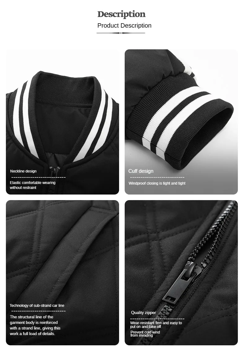 Men's Cotton Clothes Autumn Winter New Solid Color Windproof Warm Thickened Outdoor Camping Baseball Collar Coat Men's Jacket