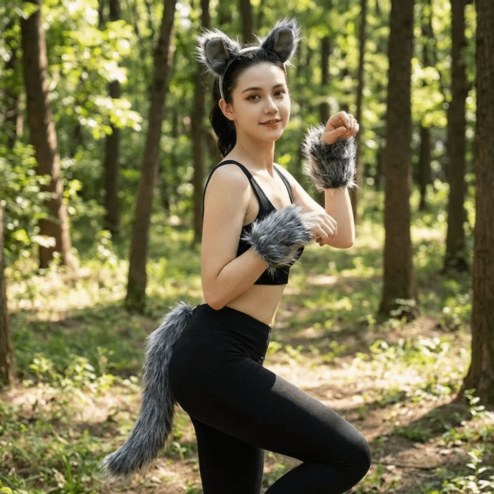 4pcs/set Furry Gray Wolf Costume Set Faux Fur Exquisite Wolf Ear Headband Fluffy Lightweight Plush Sleeve Cover Tail Kit