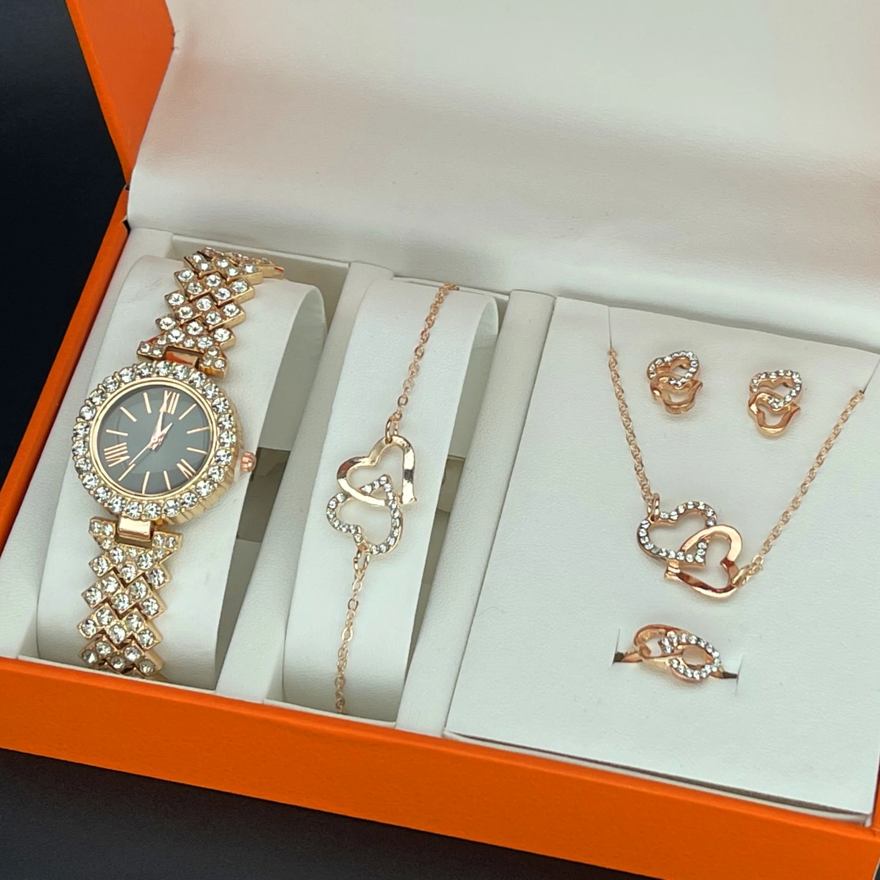 6 قطعة/المجموعة ساعة نسائية موضة كامل الماس الصلب حزام مؤشر كوارتز ساعة قلادة سوار أقراط طقم مجوهرات (بدون صندوق) #4
