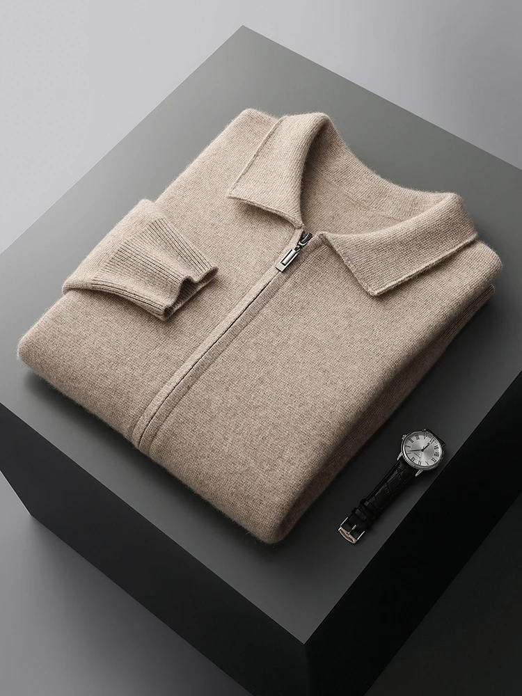 High End Men\'s Cardigan 100% Merino Wool Knitwear Zipper Jacket Autumn Winter Thick Long Sleeve Business Sweater Lapel Shirt