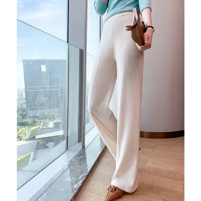 Women Pants 2023 New Autumn and Winter Soft Comfortable High-Waist Cashmere Knitted Pants Female Pure Color Wide Leg Casual