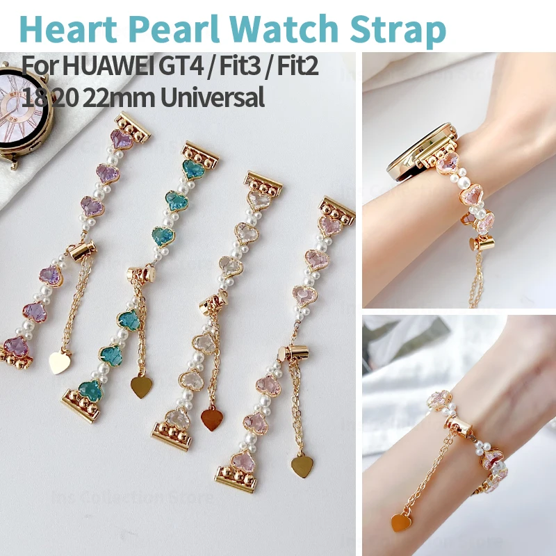 18mm 20mm 22mm Jewel Diamond Heart Pearl Watch Strap for Huawei Watch GT4 41mm 46 Women Link Bracelet for Samsung Galaxy Watch 4