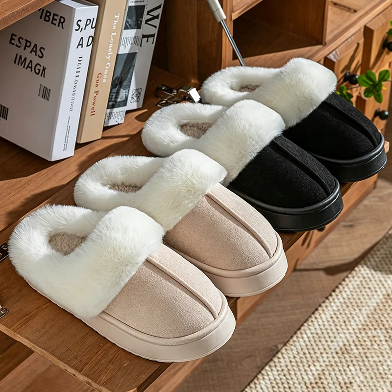 Soft Thick Bottom Furry Mules Slippers Women Winter 2026 Plus Size Warm Plush Indoor Slippers Fluffy Fur Home Cotton Shoes Mujer