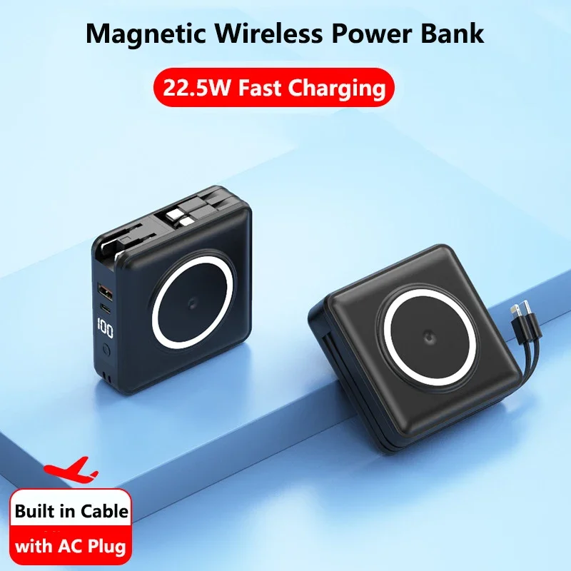 15000mAh Magsafe Power Bank with Cable AC Plug Wall Charger For iPhone 15 14 Huawei Xiaomi Samsung 22.5W Fast Charging Powerbank