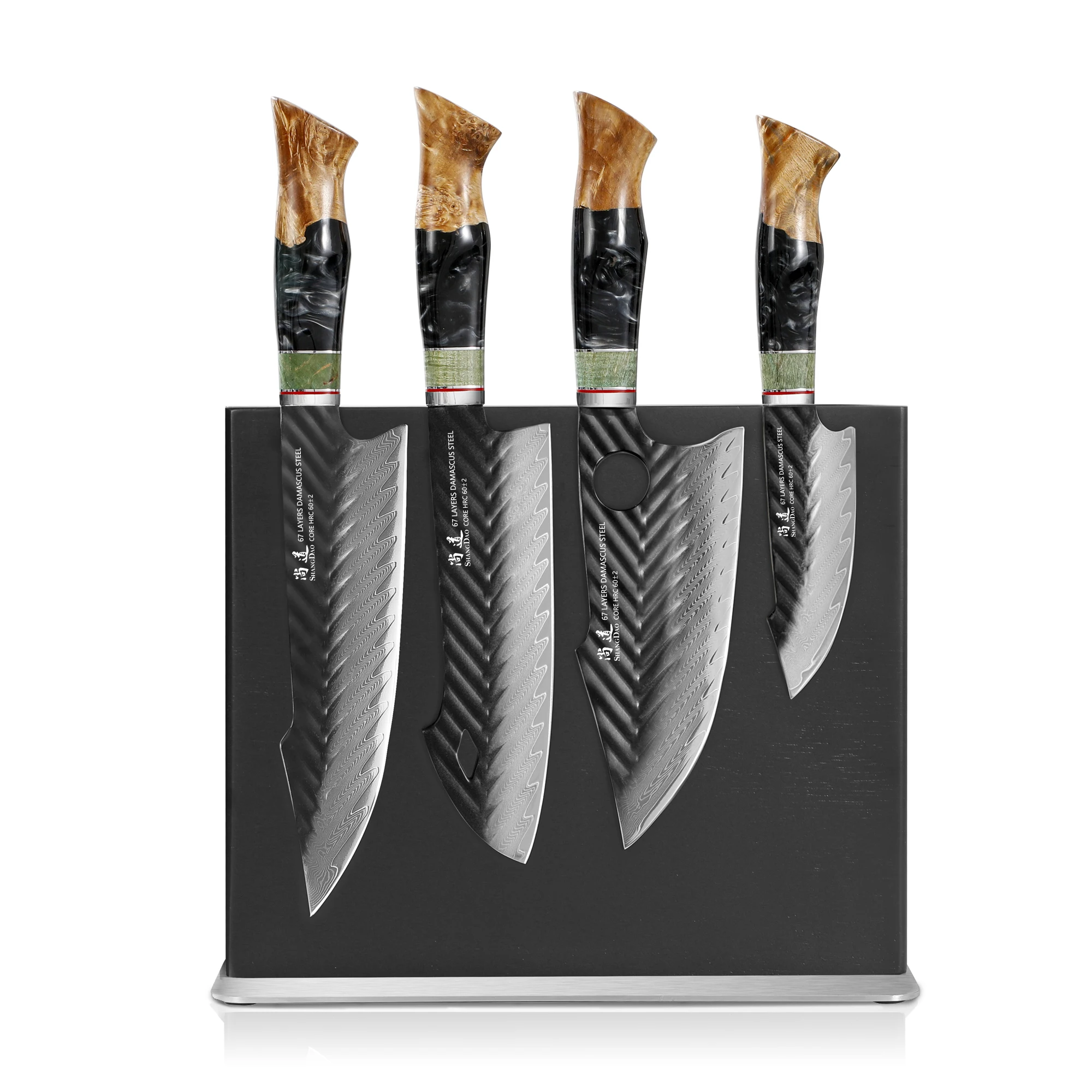 SHANGDAO Damascus Kitchen Knife Set,67 Layers Carbon Steel Chef&Butcher Knives, Ergonomic Resin& Wood Handle with Leather Sheath
