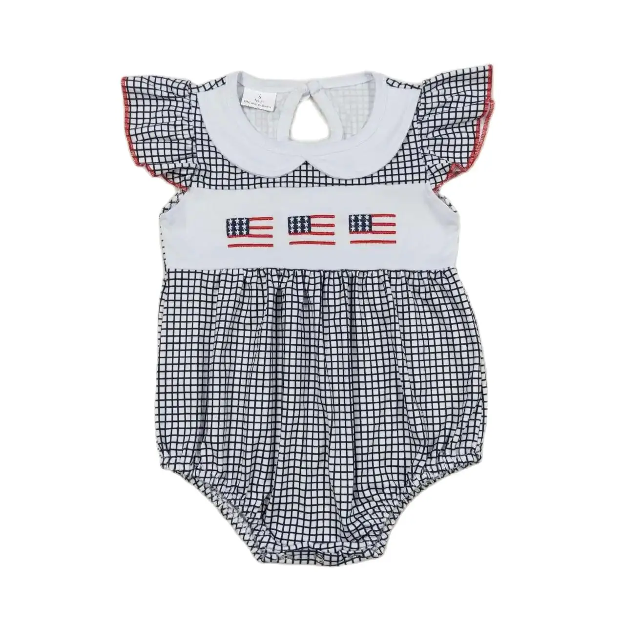 Wholesale Newborn Toddler Short Sleeves Plaid Jumpsuit Kids Children Overall Baby Girl July 4th Embroidery Bubble Romper Clothes