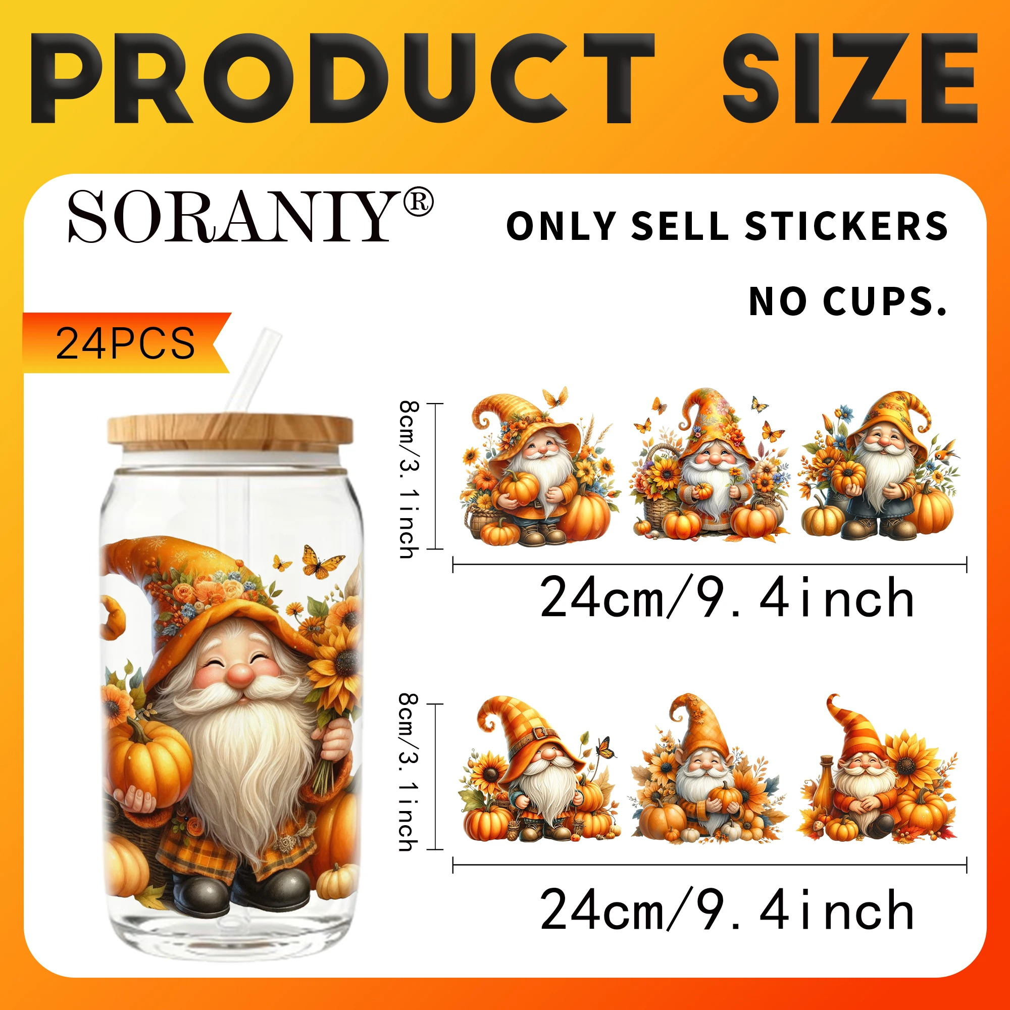 UV DTF Transfer Stickers - 24Pcs/Set Autumn Gnome Theme UV DTF 16OZ DIY Transfer Stickers