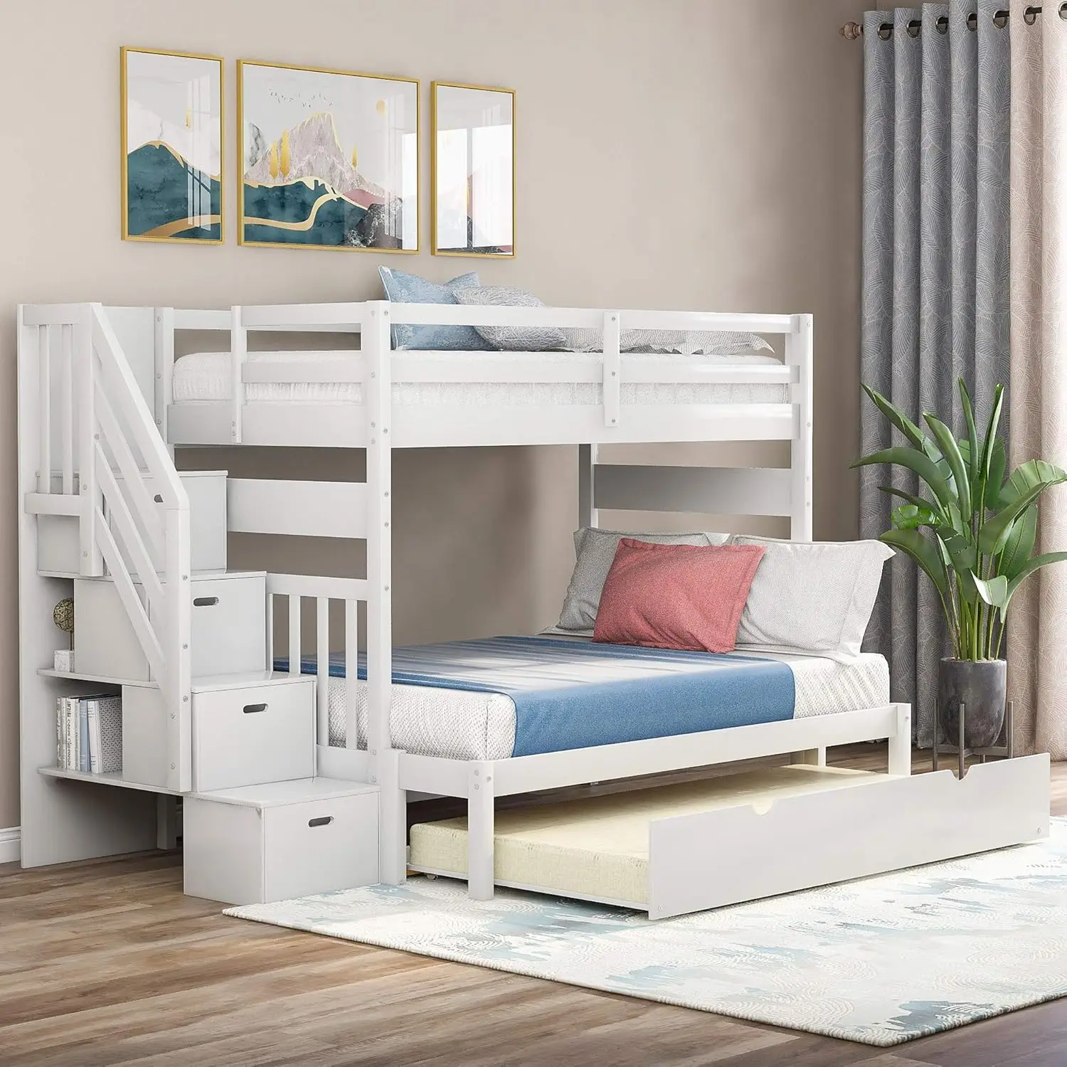 

Designs Stairway Twin Over Twin/Full Bunk Bed with Twin Size Trundle and Drawers, Solid Wood Bunk Bed Staircase Can be Placed