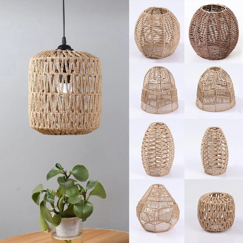 Boho Pendant Lamp Shade Paper Rattan Handwoven Wicker Lampshade Light Fixture Chandelier Pendant Lights Cover Home Decor