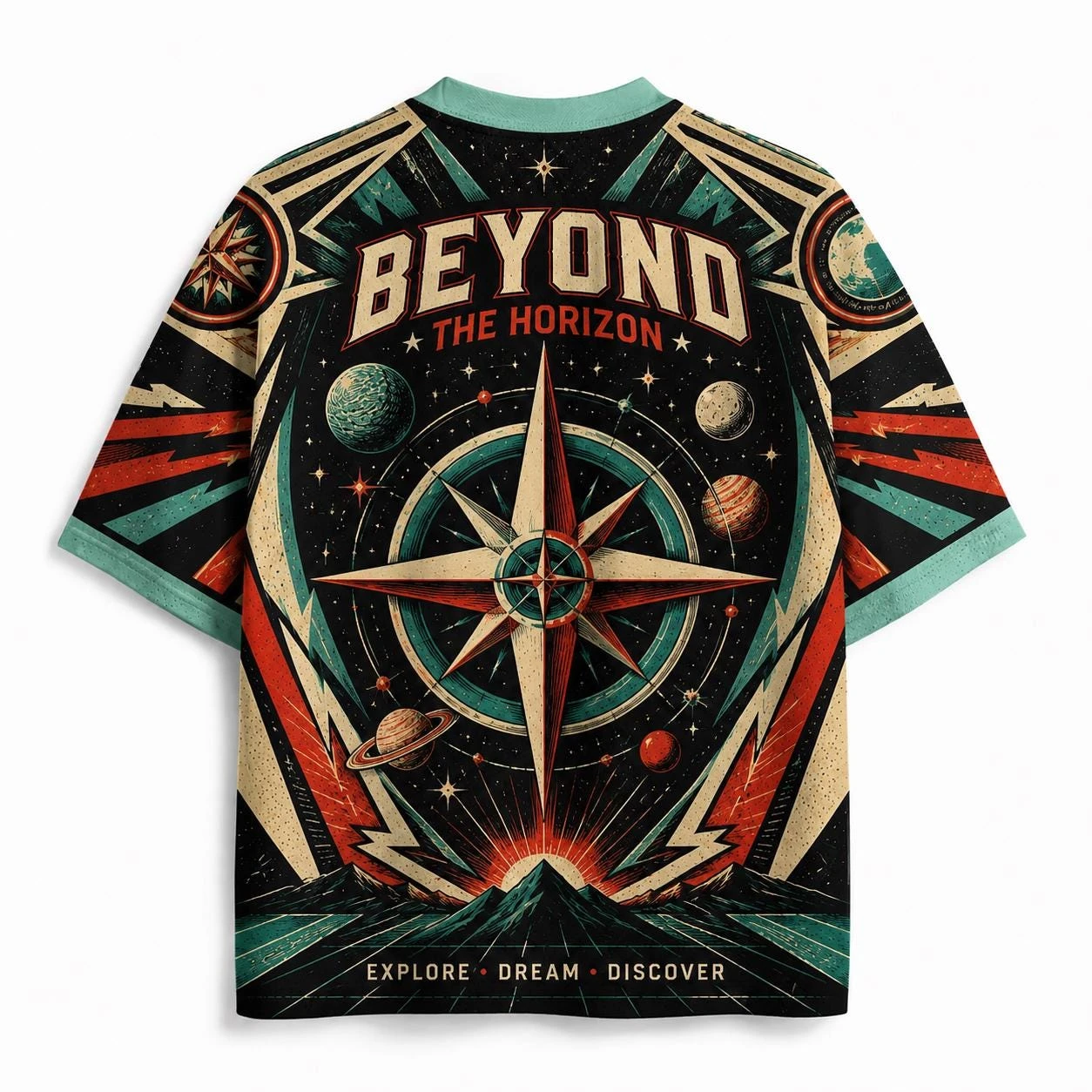 Neuestes Unisex Vintage T-Shirt mit Weltraum-Astronauten- und Planeten-Print, trendiges urbanes Street-Style V-Ausschnitt Kurzarm-Freizeit-Oberteil – Detail 5