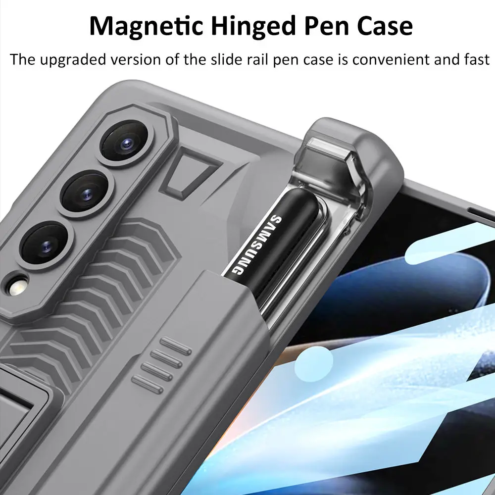 Magnetic Folding Armor Slide Pen Case for Samsung Galaxy Z Fold 4 5G with Bracket Anti-Drop Shockproof Full Protection Cover
