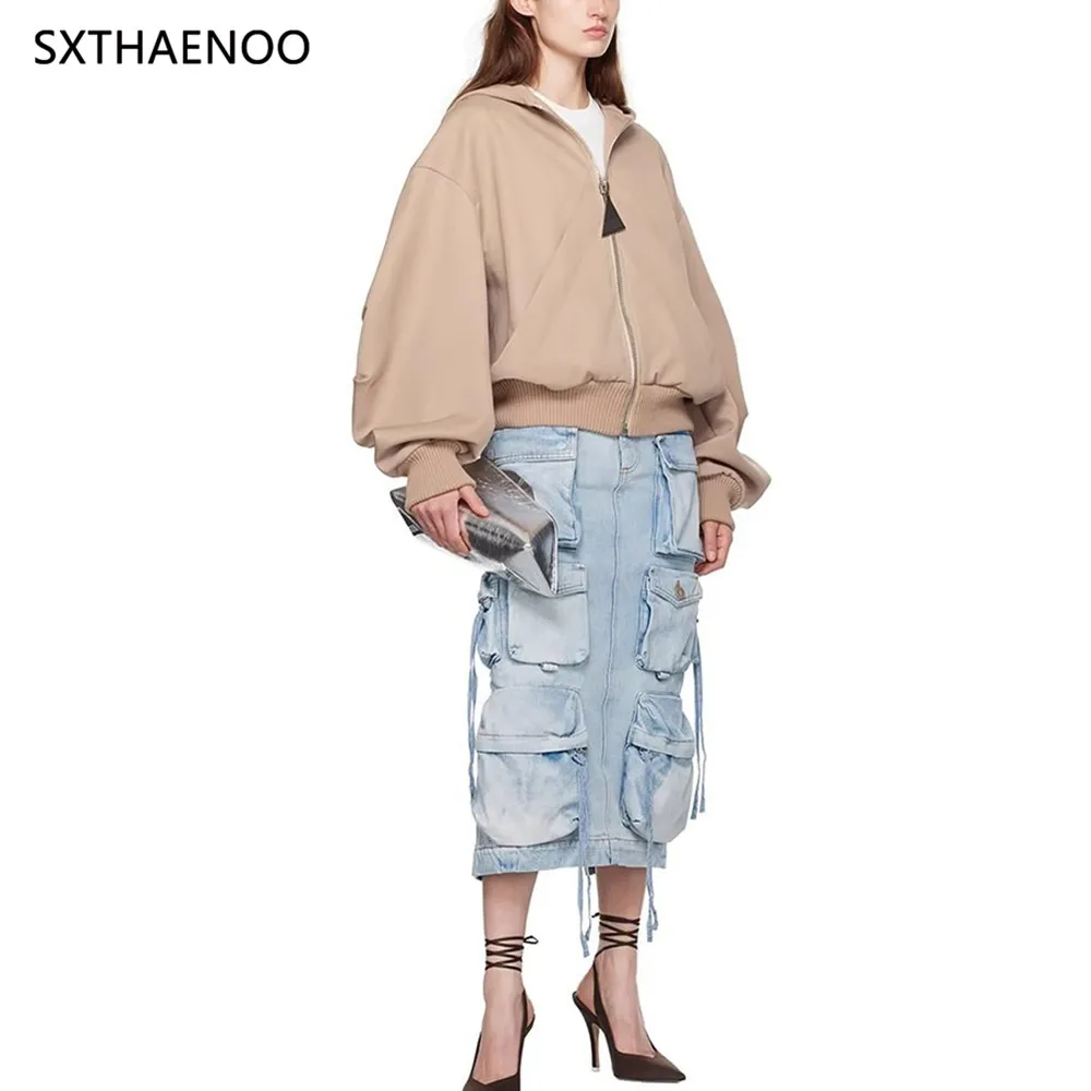 

SXTHAENOO модные новые женские 3D джинсовые юбки-карго с несколькими карманами и разрезом, осень 2021, модная длинная юбка с высокой талией, женская