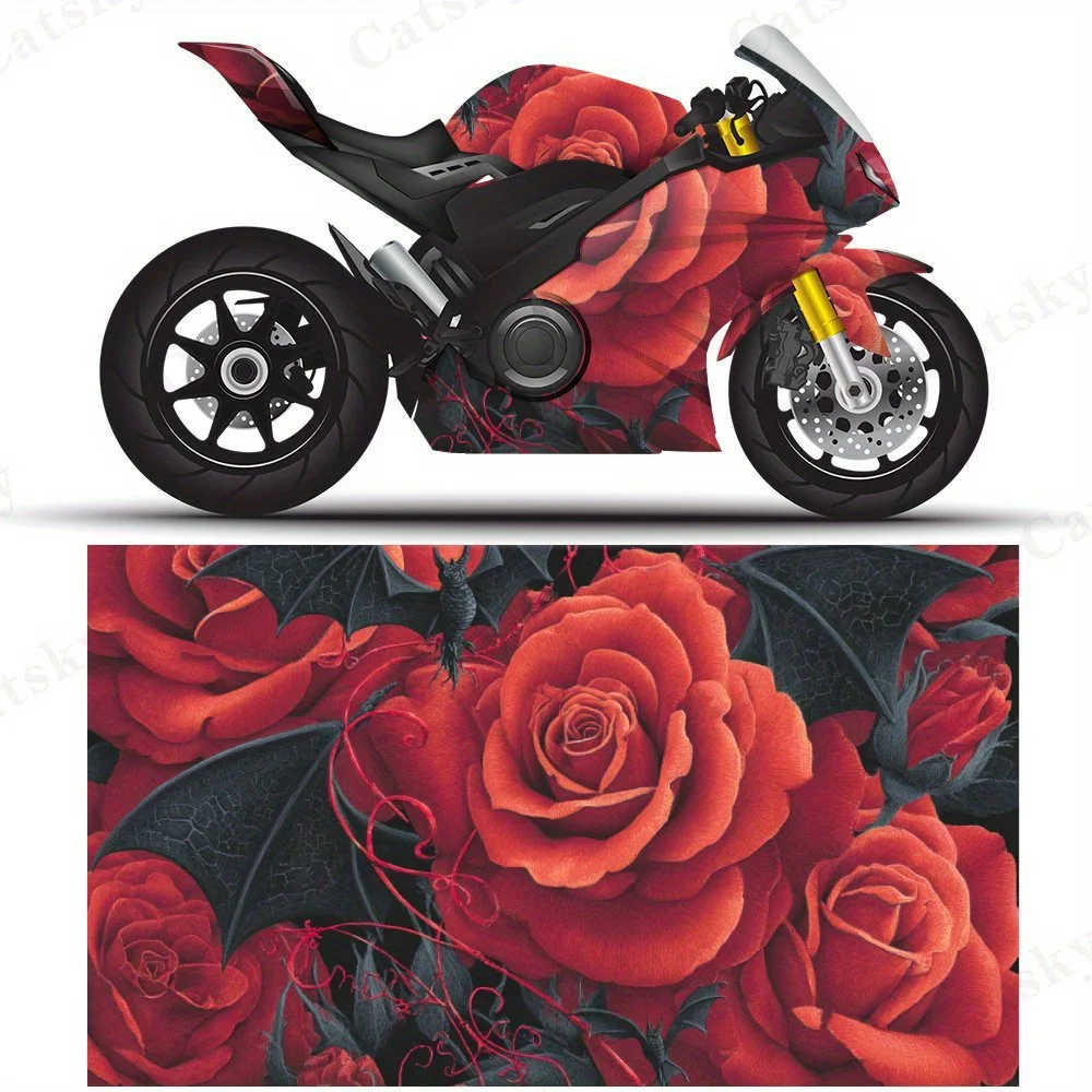 Red Roses and Black Bat Wings Motorcycle Film Stickers, Durable PVC Adhesive Decals for Motorcycle Customization, Weather-Resist
