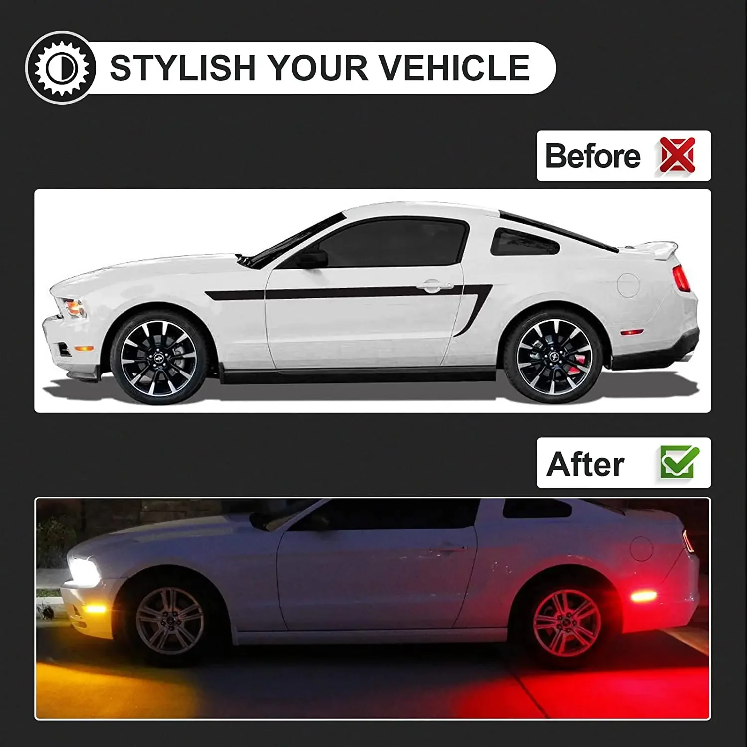 4/2Pcs LED Side Marker Lights For Ford Mustang GT Shelby GT500 Boss 302 2010-2014 Front Rear Bumper Turn Signal Lamps
