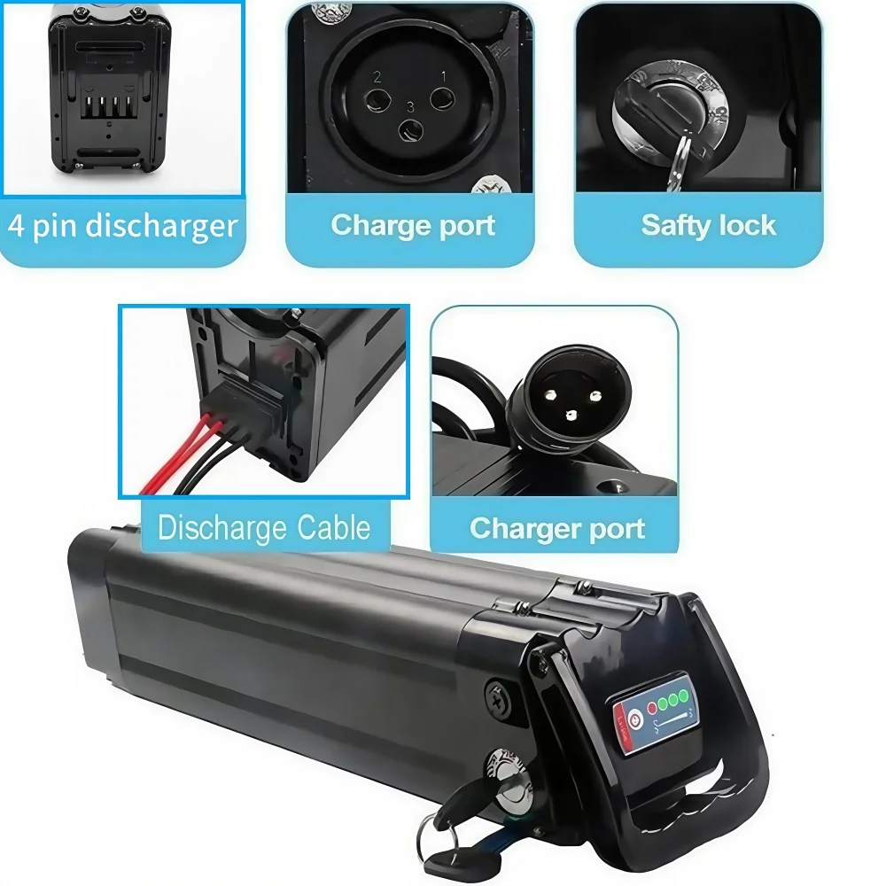 36V/48V Lithium Battery 12Ah/15Ah/17Ah/20Ah Silver Fish Replacement Battery Compatible with Eight Sided 250W~1000W Bike Motors.