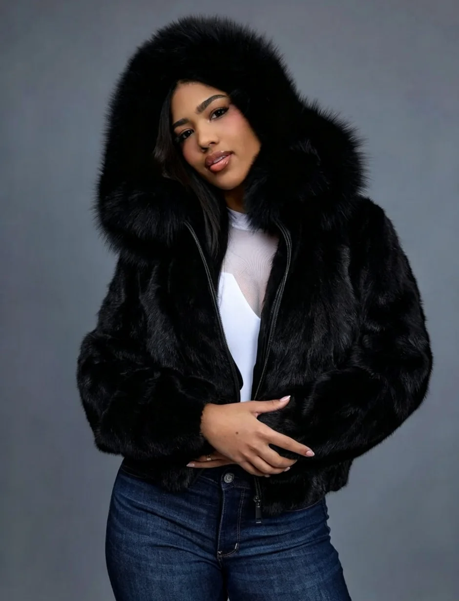 Women's mink fur jacket, hooded jacket, winter warm and fashionable