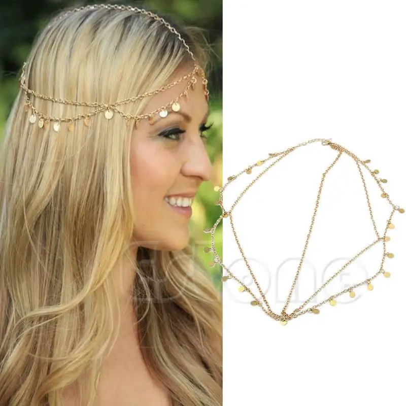 Diadema de joyería de cadena de cabeza de Metal de mujer de moda bohemia para cabello de pieza de cabeza