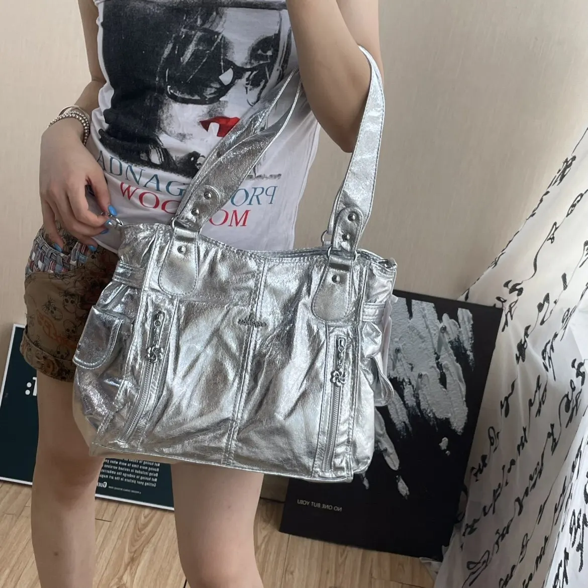 

Angel Kiss Vintage Сумка Y2k Женская Women Silver Handbags Punk Biker Cross Shoulder Bag Сумка Женская Ladies Underarm Tote Bag