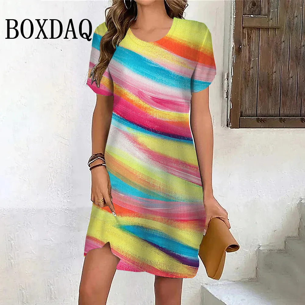 New Rainbow Women Dress Striped Print Elegant O Neck Short Sleeve Sweet A-Line Dresses Summer Fashion Casual Oversized Clothing