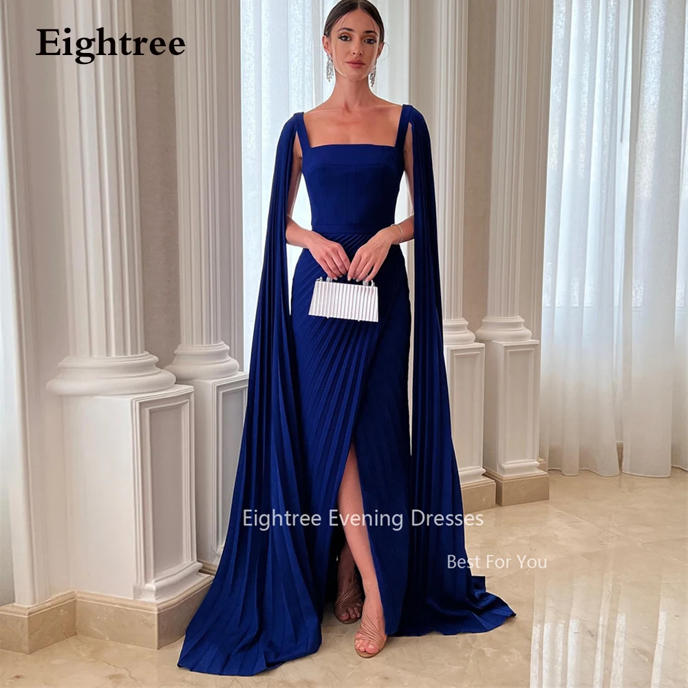 

Eightree Elegant Royal Blue Party Dresses Cape Sleeves Arabic Women Evening Gowns Square Neck Split Celebrity Event Prom Dress