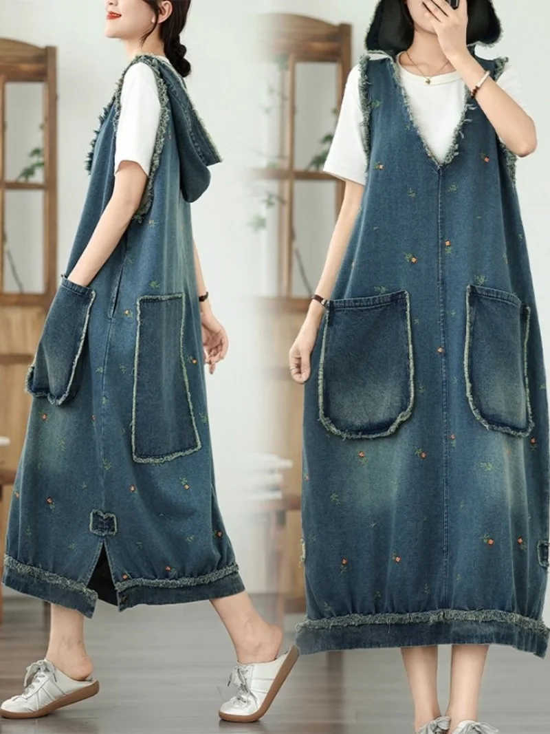 여성용 자수 데님 후드 베스트 드레스 2025 여름 빈티지 루즈핏 큰 포켓 스타일리쉬 오버사이즈 V넥 청 드레스 w269