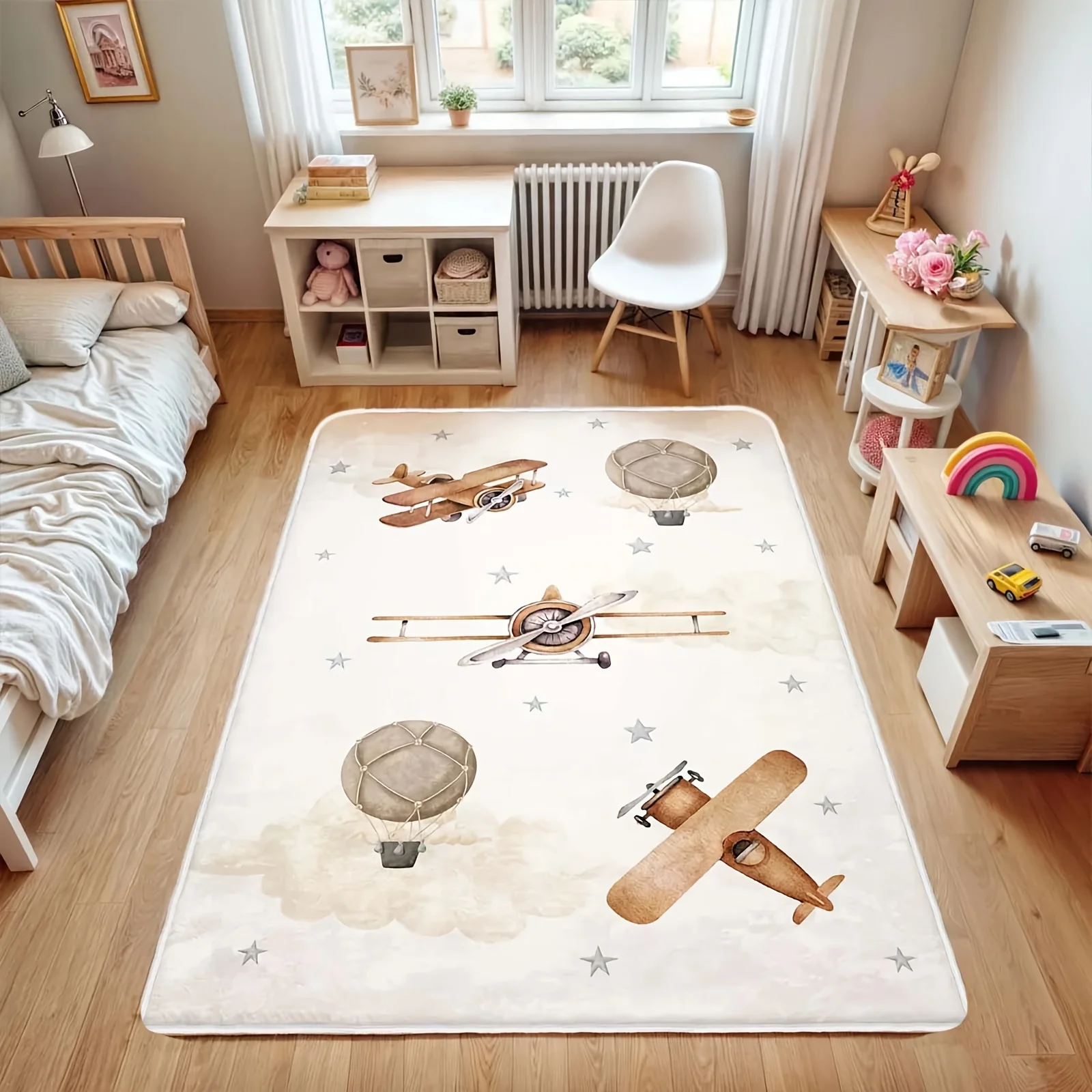 Aircraft and hot air balloon Flannel-printed floor mats are slip-resistant Suitable living room bedroom terrace garden carpets