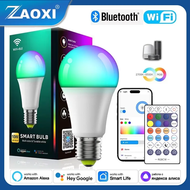 ZAOXI WIFI Bluetooth RGBCW ściemniająca lampa LED E27 10W 240V inteligentna żarówka obsługa Alexa asystent Google z pilotem C2/A3