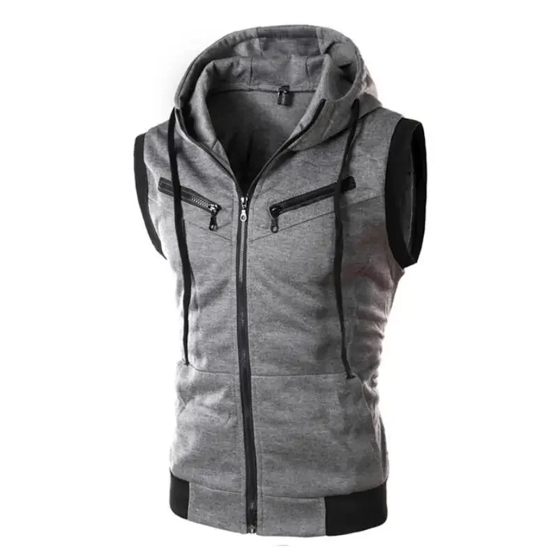 2023 New Men\'s Hooded Zipper Pocket Sleeveless Vest Coat Hoodie with a Zipper Clothes for Men