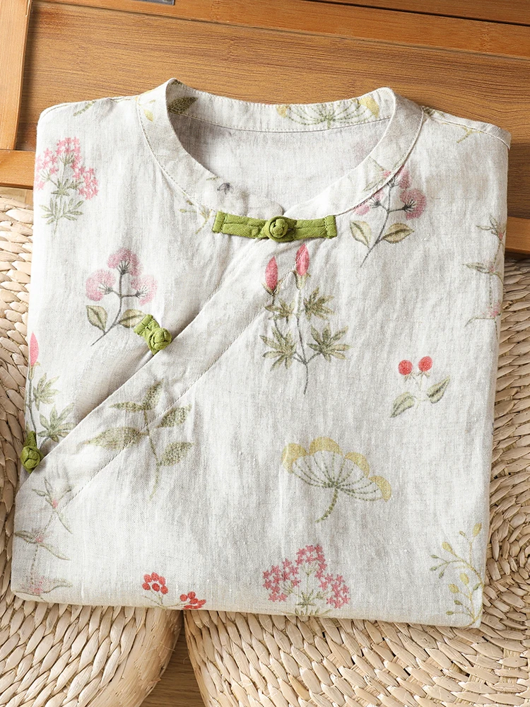 New Chinese Style Embroidered Stand Collar Sleeveless Shirt Women Summer Loose Loose Side Button Floral Print Small Shirt Top 2
