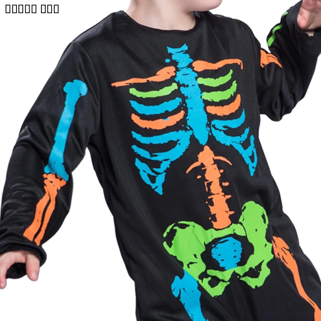   بدلة هيكل عظمي للأطفال في أزياء الهالوين ذات الطابع المسبق، بدلة من البوليستر من قطعة واحدة للاحتفال بالحدث المدرسي