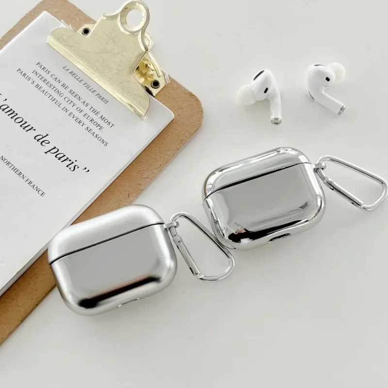 Silver Electroplate Airpods Case with Keychain Protective Metal Cover for Apple Airpods 1 2 3 pro