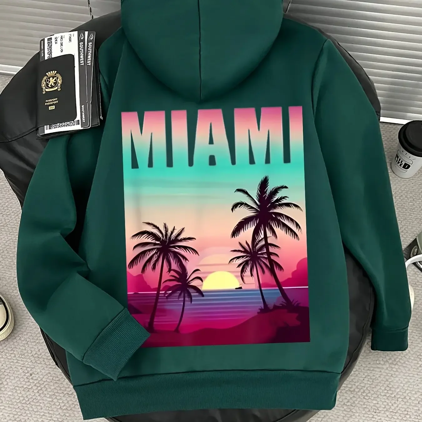 Men Back Gradient Block Miami Hoodie Sunset Four Coconut Palm Ocean Wave Scenery Soft Fleece Loose Hooded Sweatshirt