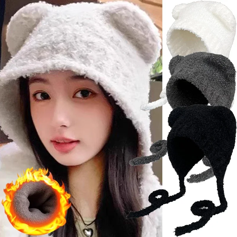 Lace-up Little Bear Wool Hat Cold Resistant Beanie Thick Woolen Bonnet Warm Knit Caps Autumn Winter Windproof Knitted Strap Hats