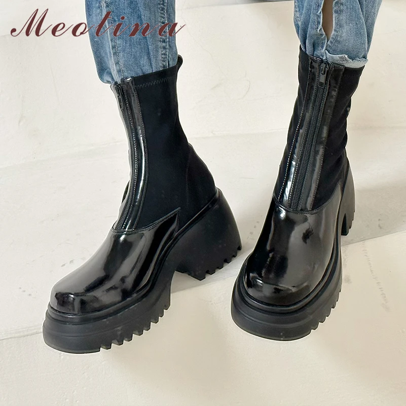 

Meotina Women Genuine Leather Ankle Boots Round Toe Thick High Heels Platform Zipper Short Boot Lady Fashion Shoes Autumn Winter