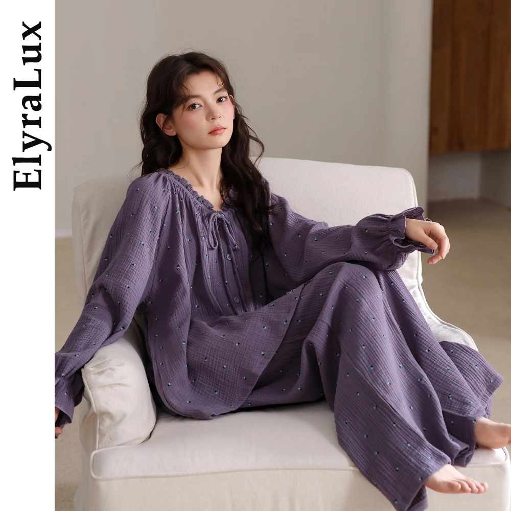 

ElyraLux Women’s Long Sleeve Pajama Set with V-Neck Tie and Loose Fit Pants, Soft Double Gauze Cotton Sleepwear for Cozy Nights