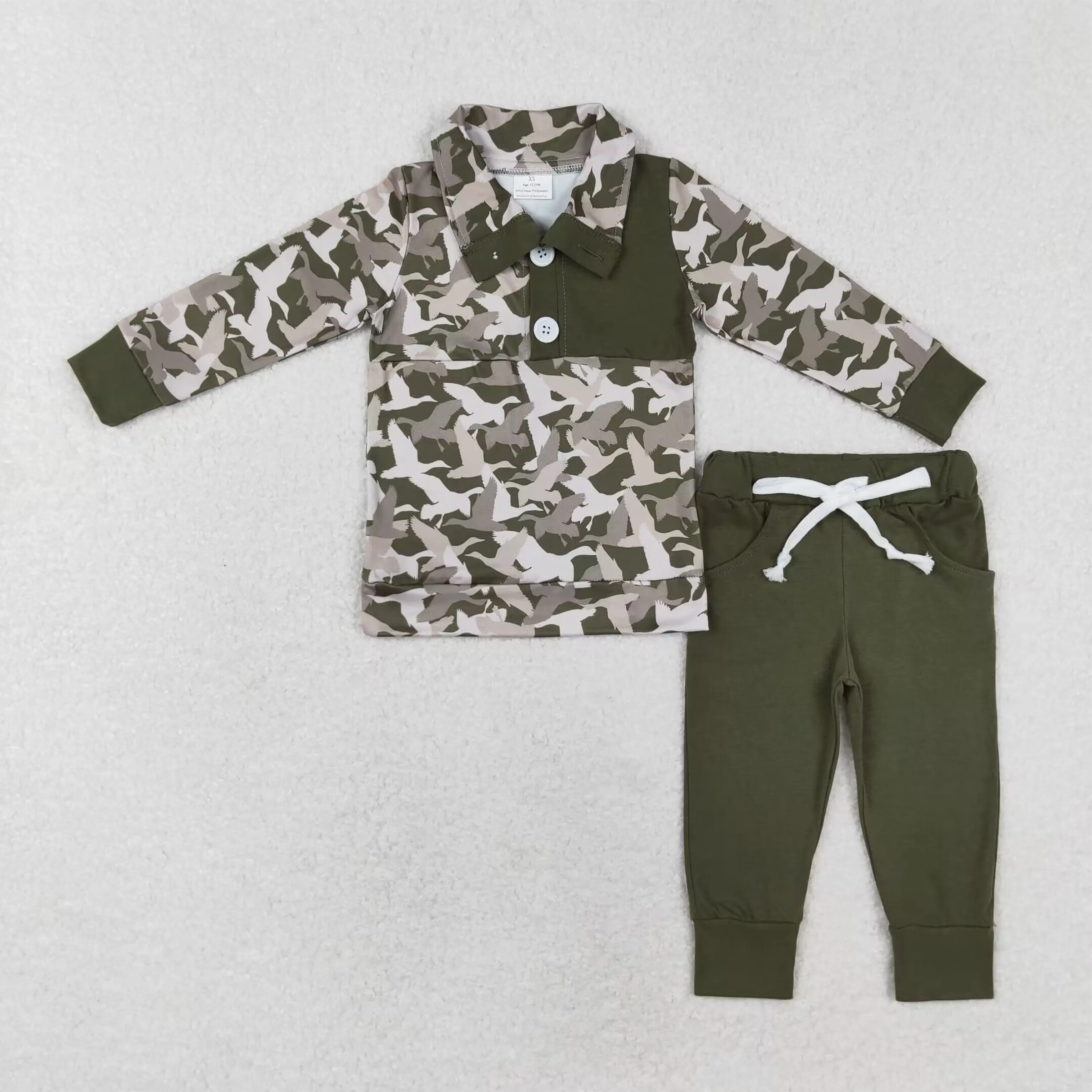 Wholesale Toddler Kids Duck Cotton Outfit Baby Boy Long Sleeves Pullover Shirt Children Pocket Green Striped Pants Sets Clothing