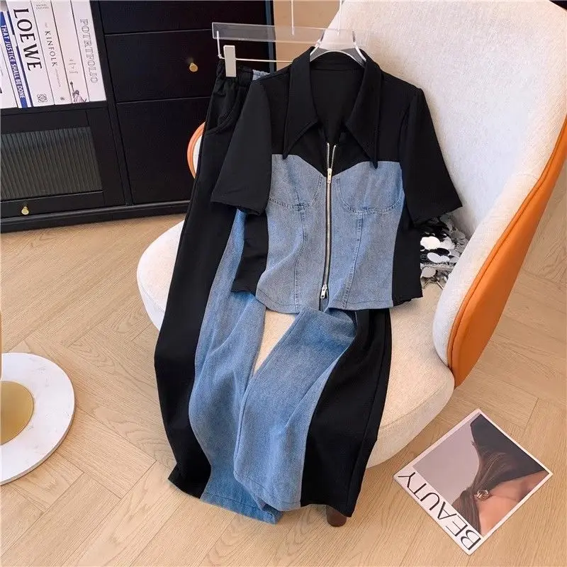 Casual Pant Sets Denim Splicing 2 Pieces Set Summer Polo Collar Zipper Tops + High Waist Wide Leg Trousers Women Clothing Suit