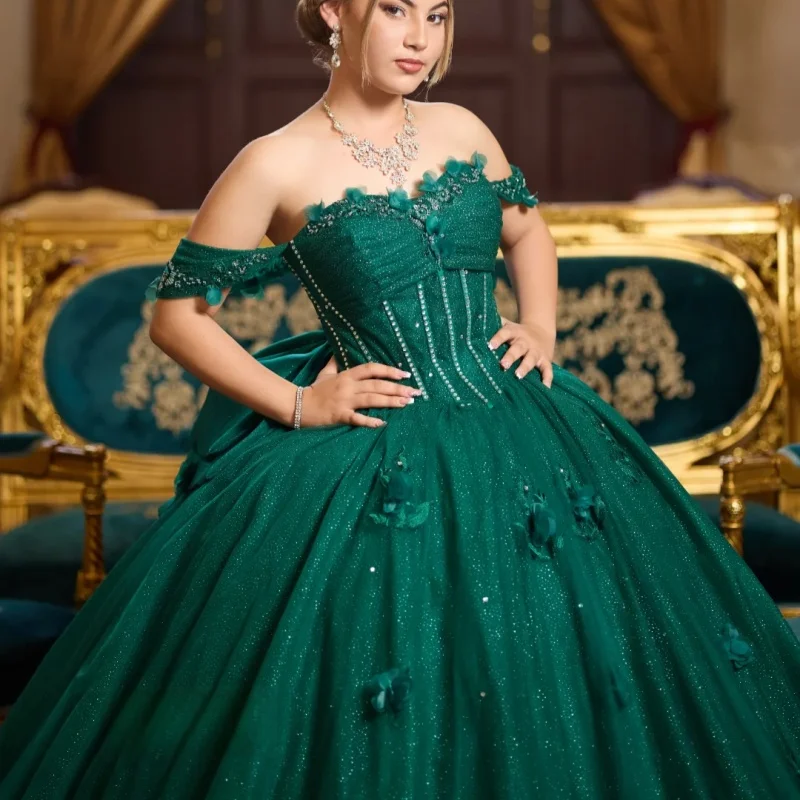 Shiny dark green Quinceanera Dress Lace crystal glitter decal 3D flower Bow Long tail vestidos de 15 Quinceanera ﻿Customized