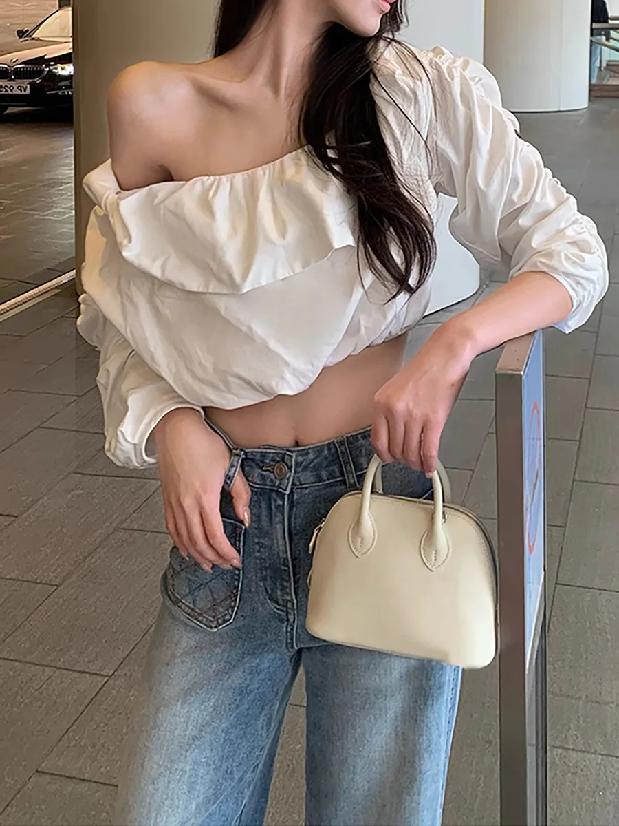 

Unique White Women's Off-the-Shoulder Ruffle Flounce Blouse, Voluminous Crop Top Long Sleeve, Styling Versatility with Multi-Way