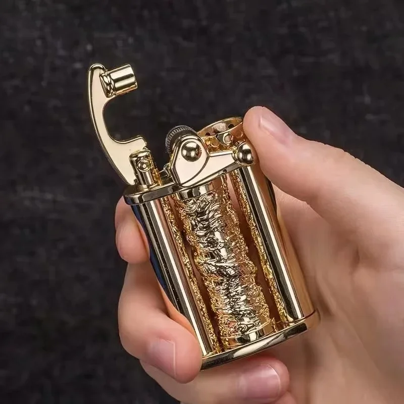 Creative Retro Swing Arm Metal Lighter Decompression Rotating Dragon Column Personalized Carving Portable Cigarette Lighter Gift