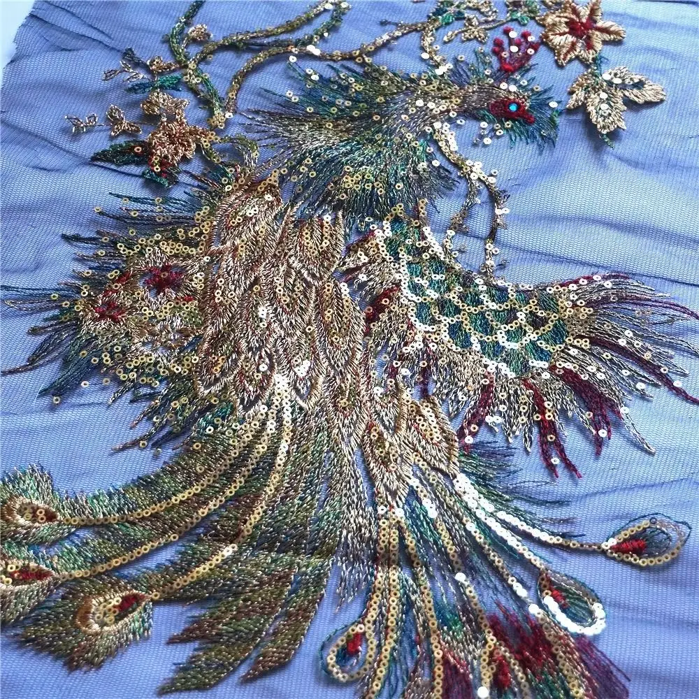 Peacock Phoenix Embroidered Sequin Appliques Black Mesh DIY Peacock Phoenix Appliques Dress DIY Appliques Gown Decoration