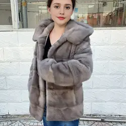 Fancy RaniNatural Fur Coats Real Mink Fur Coat Hood Female Genuine Jackets short Ladies Winter Clothes Oversize luxury Women