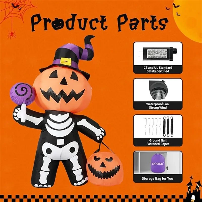 5.91FT هالوين ألعاب قابلة للنفخ الجمجمة شبح اليقطين نموذج عطلة الديكور فناء الدعامة المدمج في أضواء LED ديكور الهالوين