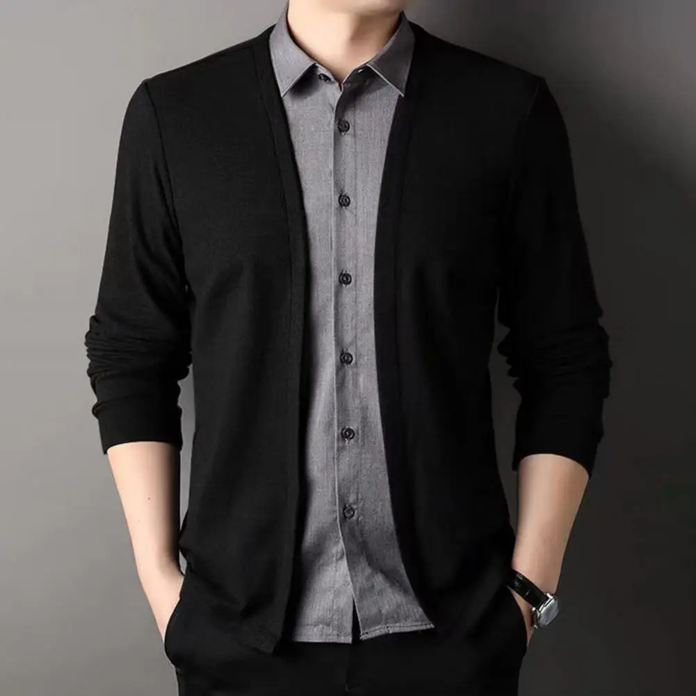 

Men Spring Fall Top Fake Two-piece Shirt and Cardigan Patchwork Knitted Sweater Turn-down Collar Formal Business Office Coat