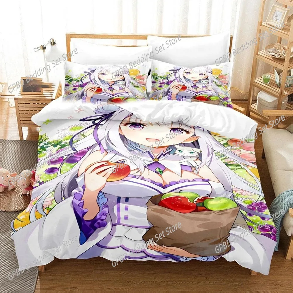 Anime Re Zero Rem Ram Emilia Bedding Set,Duvet Cover Bed Set Quilt Cover Pillowcase,King Queen Twin Size Boys Girls Adults